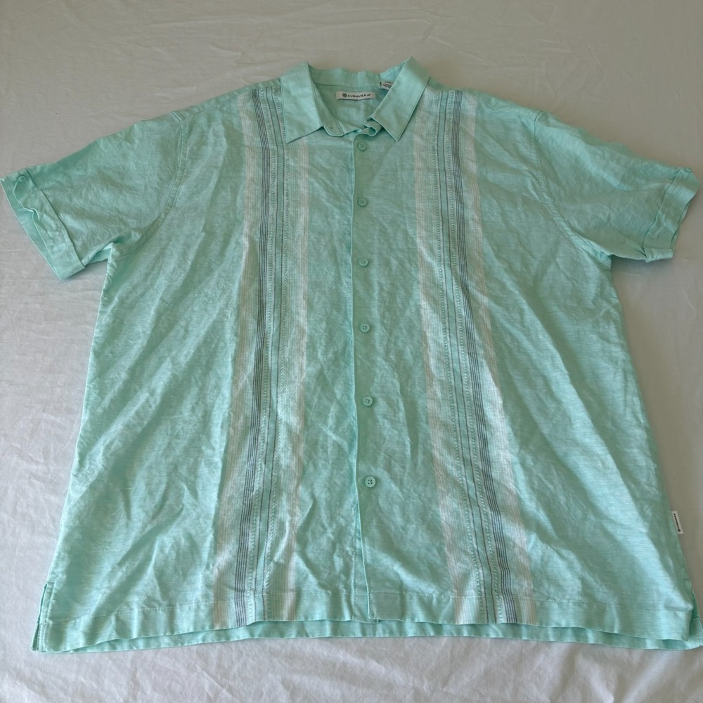 Cubavera Mens Mint Green Pintuck Striped Short Sleeve Button Up Linen Shirt 2XL